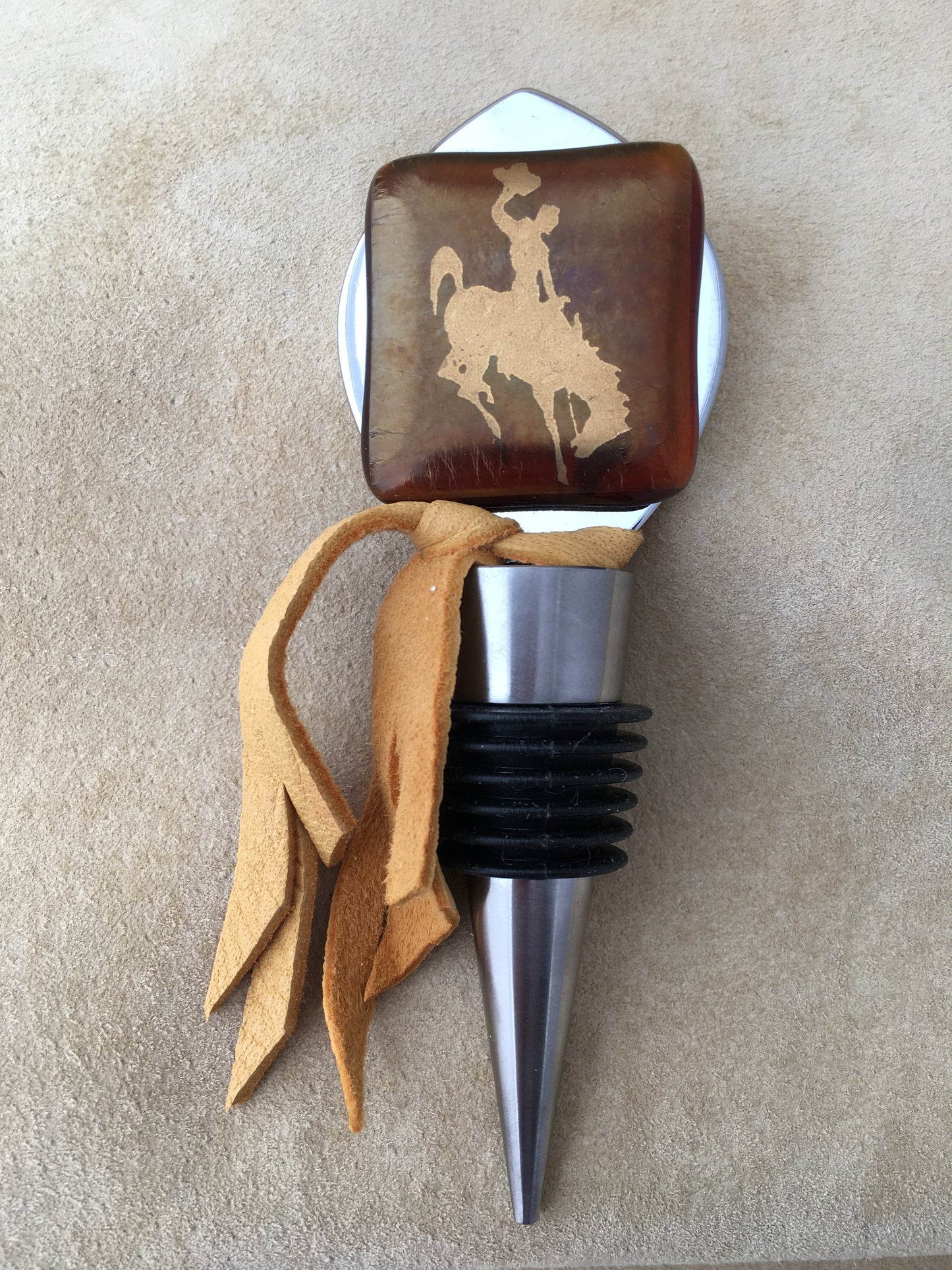 Cowboy Bucking Horse Bottle Wine  Stopper, Brown fused glass  and buckskin accent