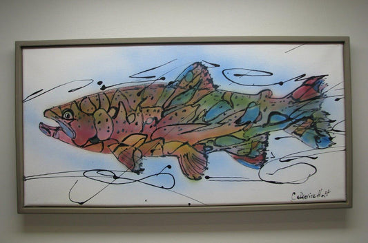 " Blue Fox " Original Acrylic &nbsp;Fish Painting Artist: Catherine Holt  Original Painting   Acrylic on canvas  20" long x 10" high canvas painting  Framed in a painted wooden frame  20 1/2" x 10 1/2" x 1" as framed  Wire on back for hanging  Fun painting would look great in a cabin, tackle shop or Fishing Lodge.