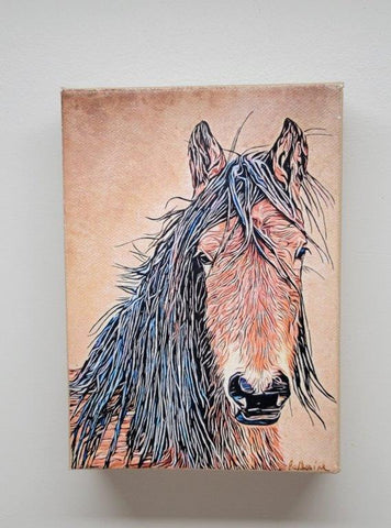 Wyoming Mustang "Trinity" wind blown mane wild horse or the Red Desert, Wyoming Herd/ 6" x 8" Hand printed on a Gallery wrapp canvas print, from original art