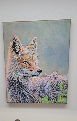 " Red Fox " Print on Canvas Artist: Catherine Holt  Alert Red Fox is watching for supper?  Hand printed on canvas  Signed  From the Artist's original painting  8" long x 10" high canvas painting  Ready to frame
