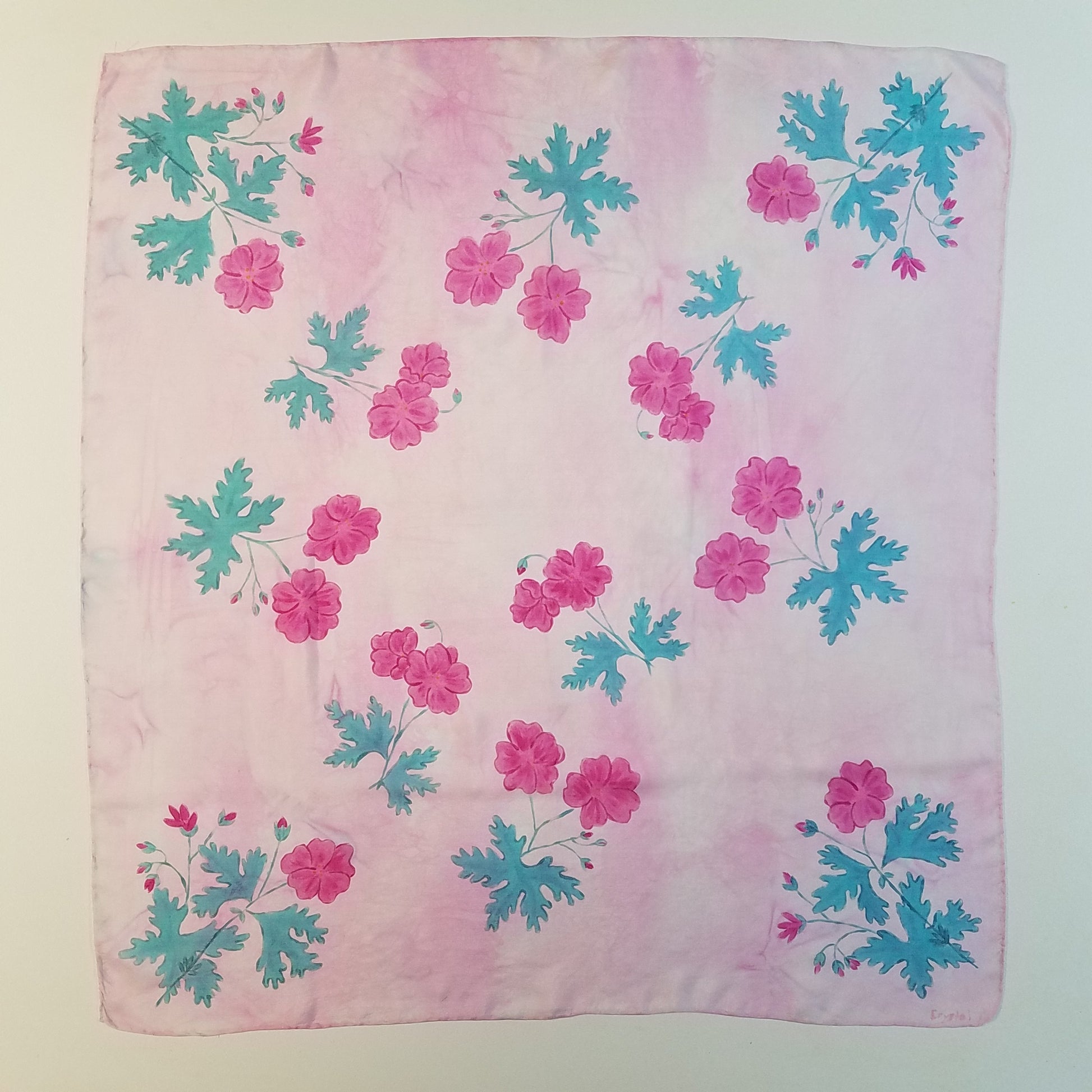 wild geraniums painted on a silk shawl. 29 inch by 29 inch. pinks and teals