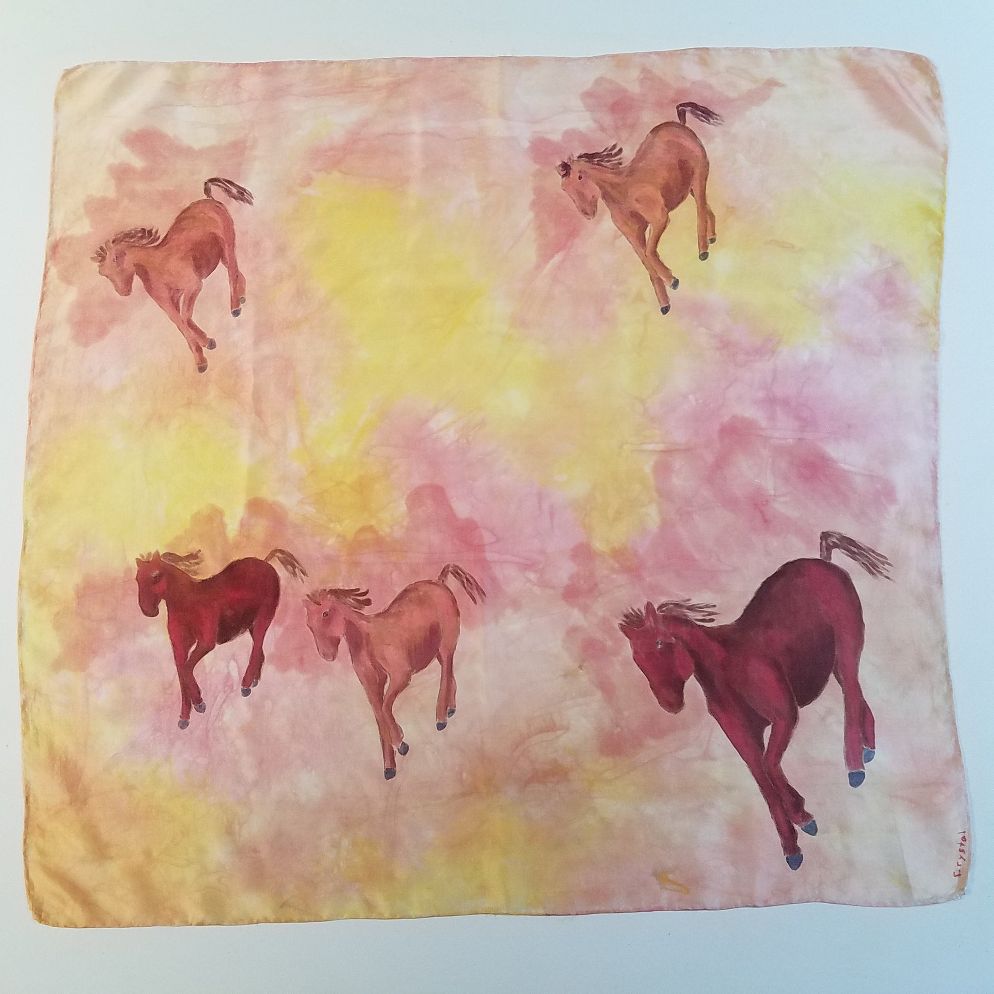 " Running Horses " Habotai Silk Shawl Artist: Crystal Lawrence 29" wide x 29" long silk shawl  Hand dyed and hand painted with running horses  Beautiful way to dress up any outfit