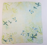 blue flowers hand dyed on silk shawl. 29 inches by 29 inches