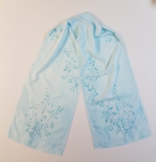 hand dyed light blue rayon scarf with hand painted wild Wyoming native grasses design