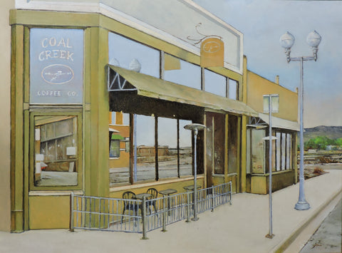 Coal Creek Reflections Artist: Jerry Glass  Original Oil Painting  Framed, dark brown / black wood color  Scene of Coal Creek Coffee Shop  Grand Avenue  23" x 18" the unframed  painting