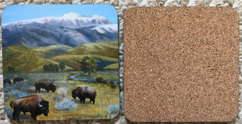 "Grazing Buffalo" Coaster Artist: Laurie LaMere Photo original Oil Painting on the coater  Buffalo in a pasture grazing  Cork bottoms   3 3/4" square      Please note, each  piece is custom designed by the Artist , with a slight variation between each piece