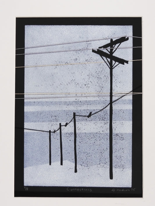 " Connections " Matted Original Relief Print Artist: Ginnie Madsen  Four telephone poles in the snowy winter  Mixed media telephone wires  2" white matting around the relief print  6" long x 9" high print only  Printed on 8" long x 10" high black paper  11" long  x 14" high x 1/16" as matted  Ready for a frame  Original Relief print  # 1 of 5  Inside a plastic sleeve with foam board for extra security