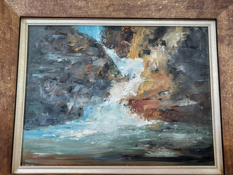 Thunder Canyon, origial oil painting by Wyoming Artist Diane Watson. Framed White water falls tumbling over a narrow, rocky split in the rocks.