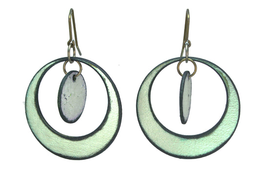 Circle Dance Green / Violet Circle Raw Hide Leather Earrings Artist: Dave Rowswell - Leather Artist Rawhide from Tanned Leather  Green Hoops / Violet Circle  Hand dyed vibrant colors on rawhide   Antique colored ear wires   Matt Finish   1 3/8" Wide x 5/8" Long x 1/16" Deep  Great with a pair of jeans or with an out on the town outfit