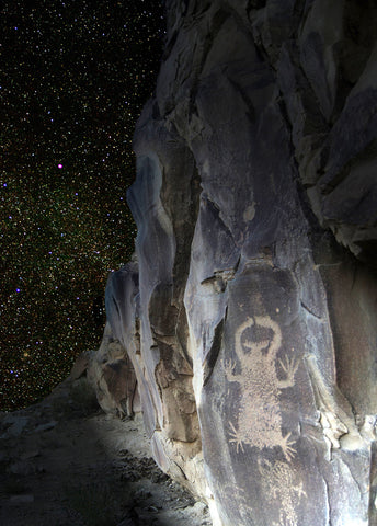 The Spirit of Legend Rock Greeting Card by Photographer Rowena Trapp. Photo of a starry night sky of the petroglyphs.  Blank inside for your  personal message. Envelope is included.
