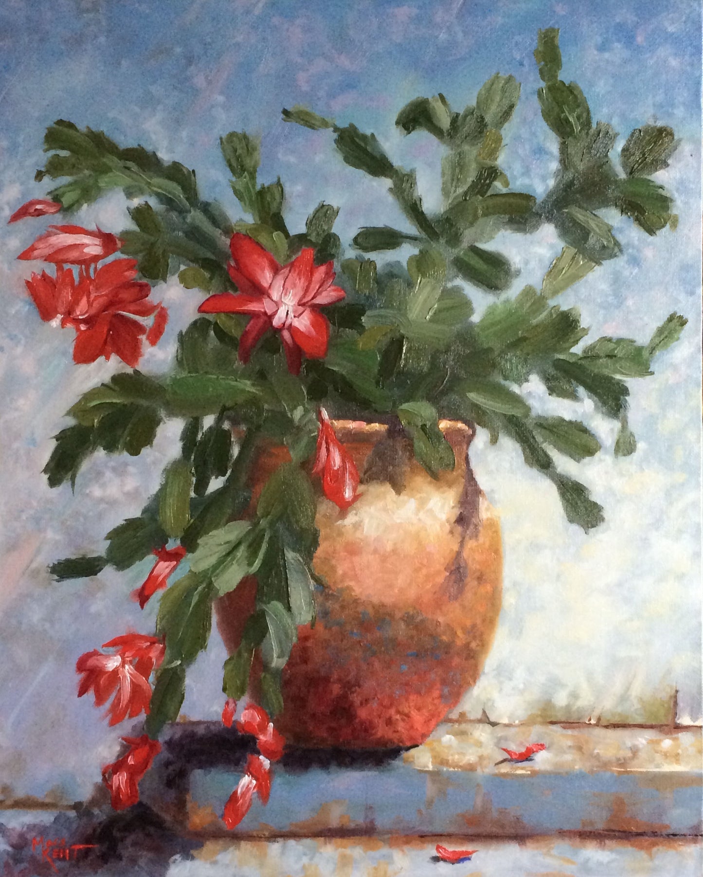 original oil painting of a Christmas cactus in bloom