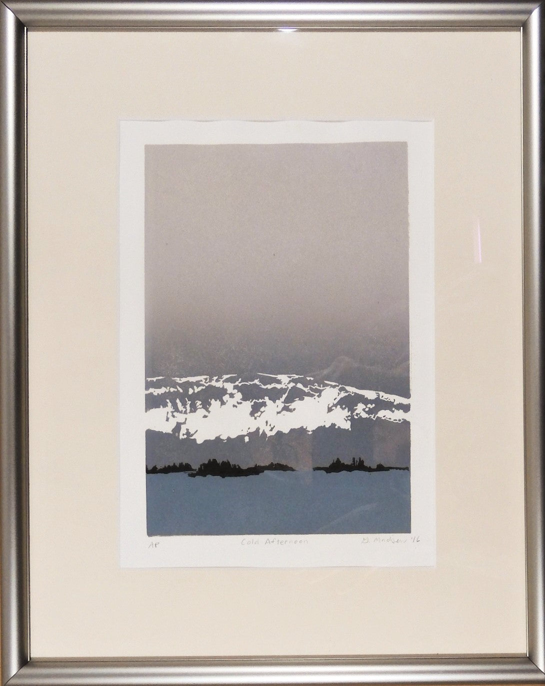 " Cold Afternoon " Framed Original Relief Print Artist: Ginnie Madsen  Original Relief Print  Framed  Matted  Wire hanger  12" x 15"  Snow covered mountain