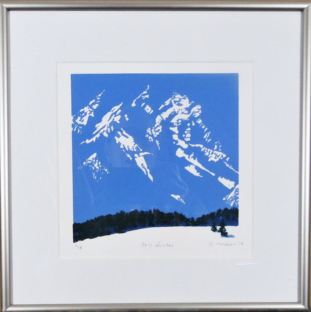 " Still Winter " Framed Original Relief Print Artist: Ginnie Madsen  Original Relief Print  Framed  Matted  Wire hanger  11" x 11"  Wyoming's Grand Tetons in winter  Snow in the foreground