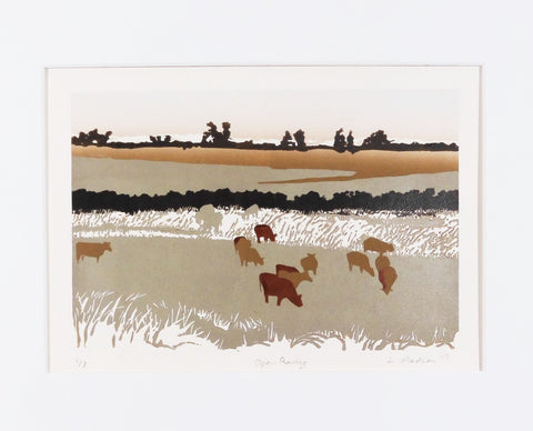 Artist: Ginnie Madsen  Original Relief Print  Matted  9" x 6" Print size  With mat 15" x 12"  Cattle grazing on the prairie  Brown gray and rust tones  Please note, items are handcrafted by artist, there may be a slight variation between each piece  PRINT # 1 of 7