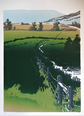 " Summer's Meadow " Matted Original Relief Print Artist: Ginnie Madsen  Ivory White Mat  Lush green meadows of summer with mountains in the background  9" long x 12" high print only  16" long  x 20" high x 1/16" as matted  Ready for a frame  Original Relief print  # 5 of 8