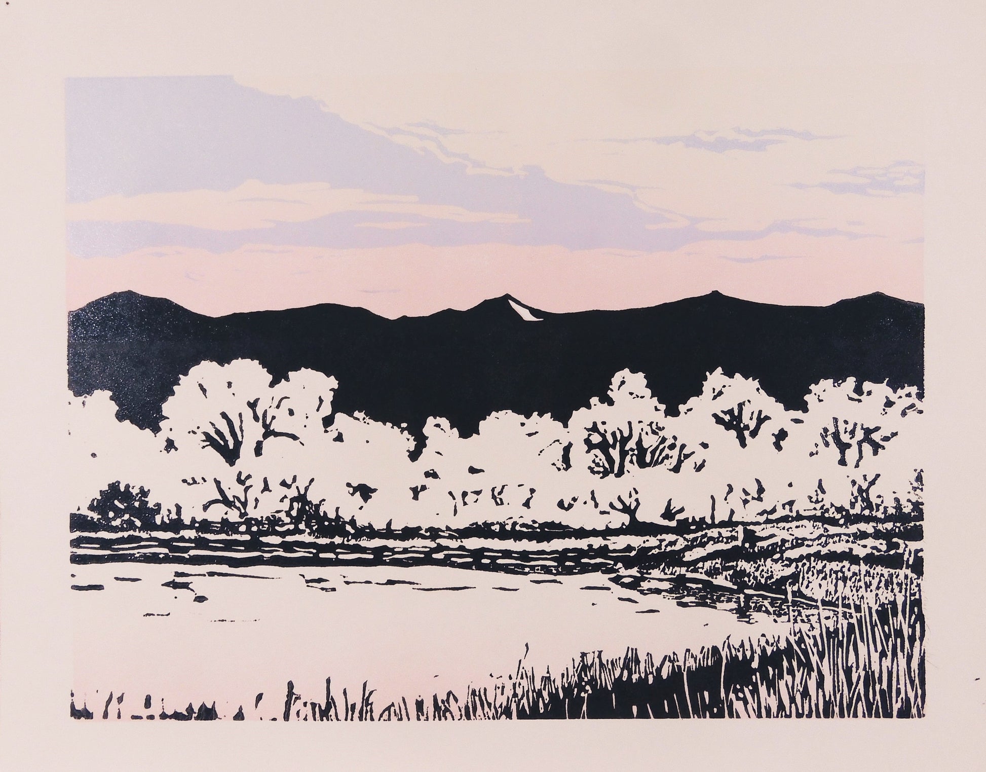 Cold Morning " Matted Original Relief Print Artist: Ginnie Madsen Ivory White Mat A frozen view with a pink sky above the mountains 12" long x 9" high print only 18" long x 15" high x 1/16" as matted Ready for a frame Original Relief print # 1 of 7 From the Artist: "These works are created using a traditional relief block printing method. I carve my design into the block's surface, one block for each color or I may a subtractive method using a single block.