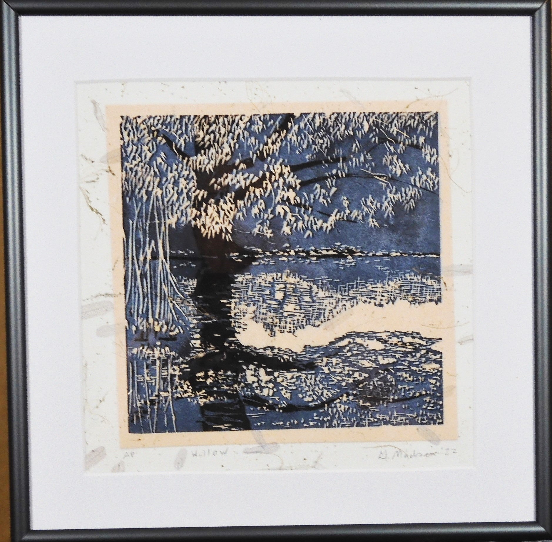 " Willow" and it's Reflection Relief Print Artist: Ginny Madsen  Willow  2022 print  Willow  - This image is based on a willow tree near a pond.   I thought the print looked like a Fall scene  I  printed it  on a textured paper that included leaves.  6" x 6" x 1 .5" Relief print  Matted  10" x 10" approximate framed size  Metal Frame
