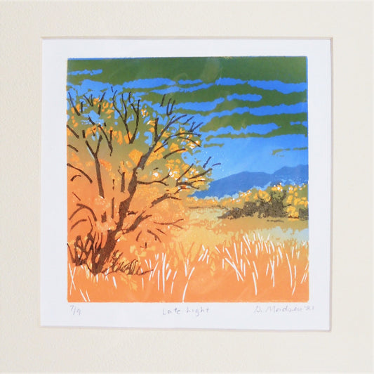 " Late Light" Golden Light in Fall Relief Print Artist: Ginny Madsen  Fall Landscape  Relief Print 7 / 9  6" x  6" x 0 .5" Relief print  Matted  Late Light   This image captures the late golden light one sees across the countryside in the Fall.  Dark blue sky and unusual clouds contrast the orange landscape