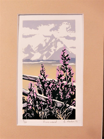 " Fireweed "  Wildflower Tan Matted Relief Print