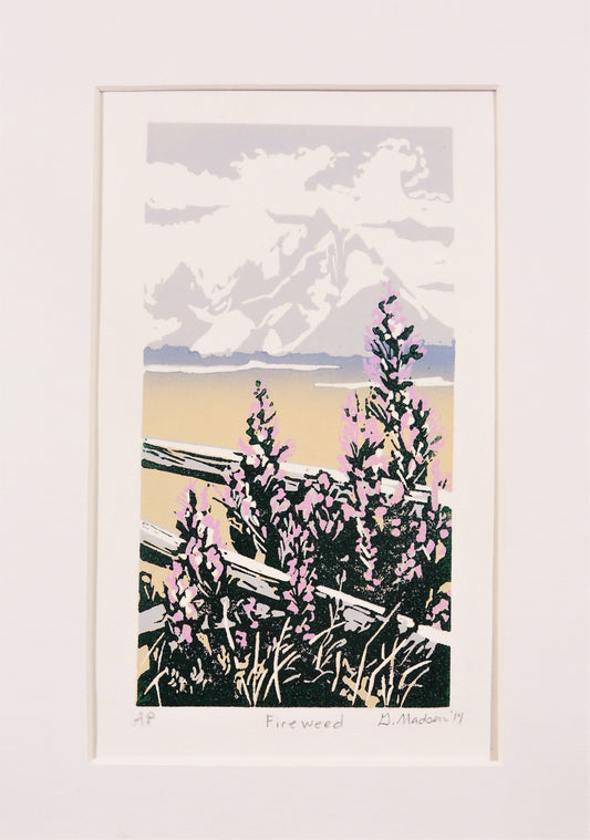" Fireweed "  Wildflower White Matted Relief Print