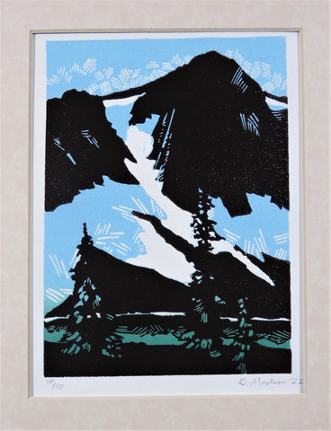 " Early Spring "  Mountains Relief Print.  Artist: Ginny Madsen  7.0" wide  x 5.0 " high  relief print size  Matted in   1.75" marbled tan mat  Print # 10/10 - 2022  From the artist:  Early Spring       In this print I was specifically simplifying the complexities of rock faces and forest using large shapes and linear marks.  It is interesting to play with what illusions can be made with the marks carving tools will create.