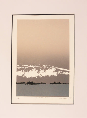 "  Cold Afternoon" Snowy Mountains Relief Print - Size : 14" x 11" matted  Mat is white color  Relief size: 9" x 6"  Print 7 / 8. It was a Spring afternoon  when I thought I would paint out in the Snowy Mts. west of Laramie  but the clouds rolled in,  rain was eminent.