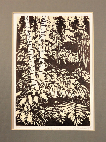 " Forest Lace" Forest Shadows Relief Print.  " Forest Lace" Forest Shadows Relief Print Artist: Ginny Madsen   In this print I have reduced the colors of a forest,  many green tones,  brown tones,  yellows to three values. 
