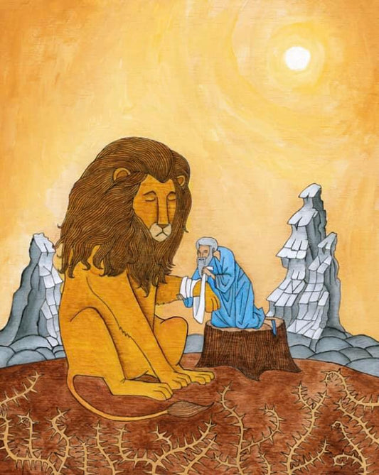 "A Gentle Kindness" Large Print Artist:  Tara Pappas Original artwork  A man on his knees gently wrapping a lions arm against a yellow background   Print that can be framed   8" wide x 10" long x 1/16" deep  These print are a great way make a person smile with there whimsical designs and would be great in any room or on the fire place mantel    Please note the artwork is a copy from an original of the artist, but slight variations can be expected