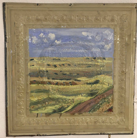 Prairie and dirt road just outside of Cheyenne Wyoming. Painted on antique celing tile