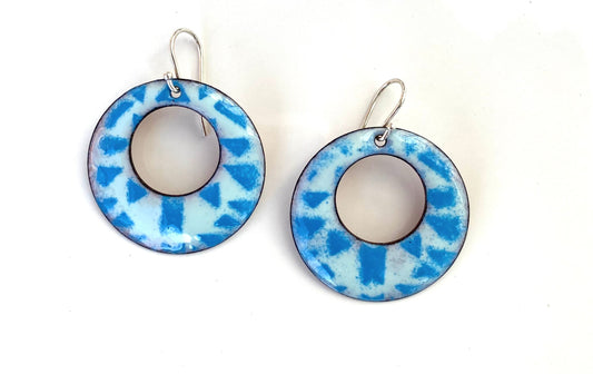 enamel hoop earrings. Blue Aztec desing on a pale green/blue background