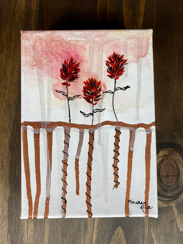 Original Painting  3 hand drawn Red Indian Paintbrush flowers with copper dripping below. Black ink drawn stems and highlights in the flower petals and spirals along the copper drips as roots  Indian Paintbrush is the State flower of Wyoming  Canvas wrapped on wooden frame  D-ring and wire attached for hanging  5" Long x 7" high x 2" wide
