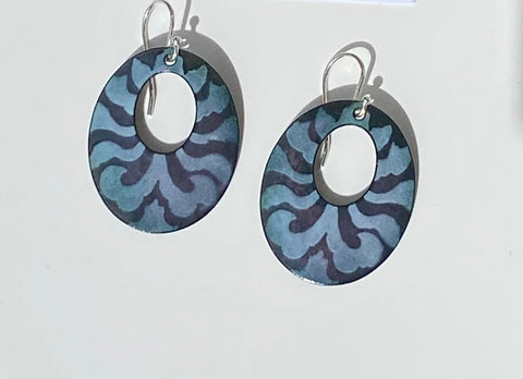black  and gray zebra pattern oval hoop enamel earrings with sterling silver ear wires