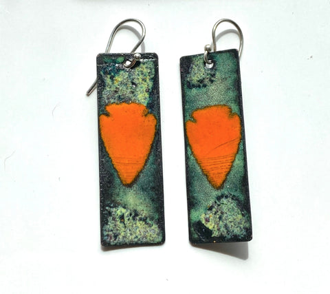 orange arrowhead on green background enamel rectangle earrings