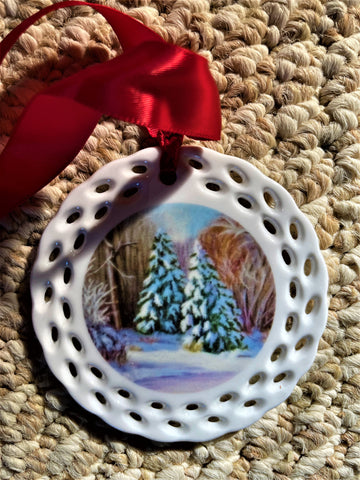 "Snow Capped " Pine Trees. Photo ornament from the Artist's original plein air painting. Comes wiht a red ribbon, ready to hang. A winter scene to be enjoyed year round