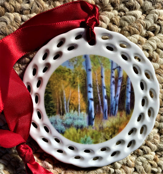  Round Ceramic Ornament Aspen Trees Fall Colors Artist:  Laurie LaMere  3.5 " round  Red Ribbon for display or hanging  Decorative border   
