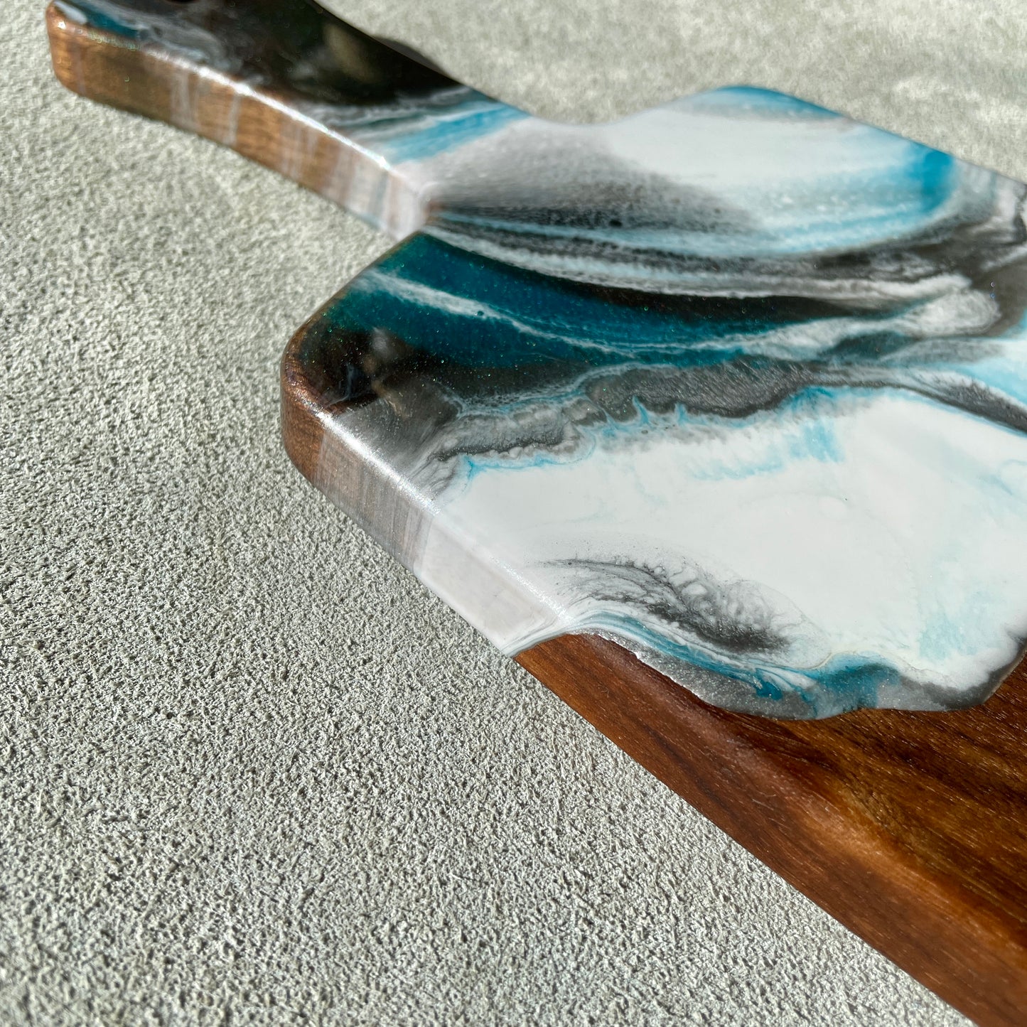 Artisan Walnut Cutting Board with Teal and Gray Resin Art Handle