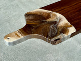 Artisan Charcuterie Cheese Walnut Board Artist: Marcy Knotwell  Ivory, brown with liquid gold lacing resin designs  "You will not be disappointed with the quality of this product! Our handcrafted wood-grain edge charcuterie cheese boards are the answer to stylish, multi-functional, sustainable serve-ware.  When not in use, this charcuterie cheese board makes a beautiful addition to your countertop or gallery wall.
