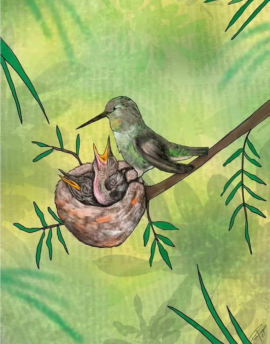 Print from Original Acrylic Mixed Media  Hummingbird with babies in the nest  High quality museum-grade archival giclee print  11" long x 14" high print  Certificate of Authenticity attached to the back  Comes in protective plastic sleeve  Attached to foam board for added protection  Ready for a frame