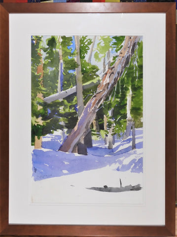 " Spring Light " Framed Original Watercolor Painting Artist: Jon Madsen  Original watercolor painting  Snow covered forest with shadows  14" long x 21" high original watercolor  22" long x 29" high framed  Framed in a wooden frame  D-ring and wire on the back for hanging  Please note item is an original from the artist     From the artist:  I was looking at the broken light in the forest