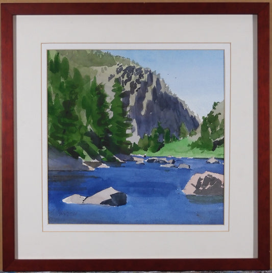 " 6 O'Clock Shadow " Framed Original Watercolor Artist: Jon Madsen  Original watercolor painting  Platte River Canyon in the afternoon  Matted in white matting  Framed in a red stained wooden frame  12" long x 12" high original watercolor  17" long x 17" high x 1 1/4" wide framed  D-ring and wire on the back for hanging.  From the artist:  I was looking at the rich colors of afternoon when light is high on the canyon walls along the North Platte River in Wyoming