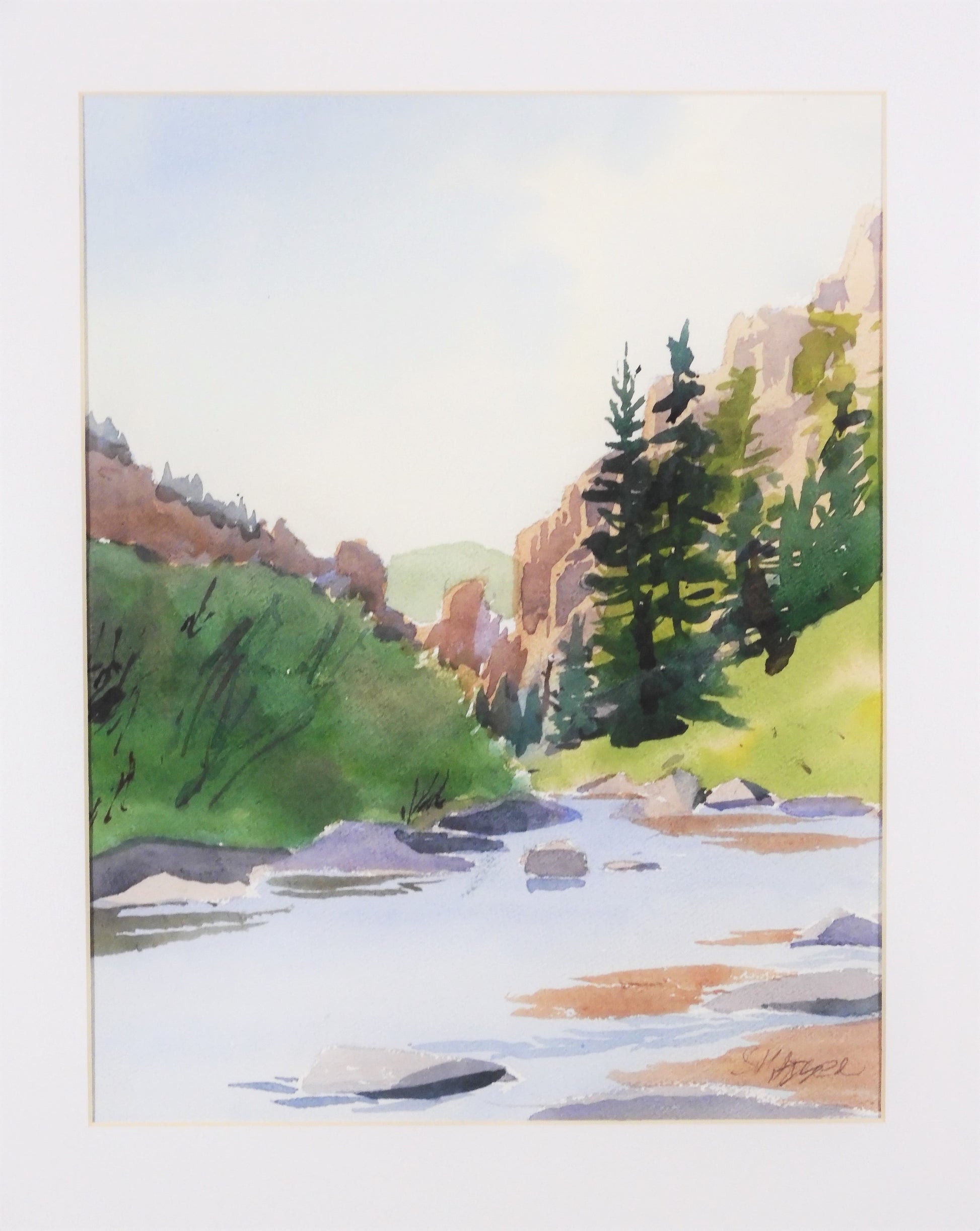 " Bright Day " Original Watercolor Artist: Jon Madsen  Original watercolor painting  River in a canyon  Matted in white matting  10" long x 13" high original watercolor  16" long x 20" high matted  Ready for a frame  Please note item is an original from the artist     From the artist:  I was interested in the paleness of this overcast day