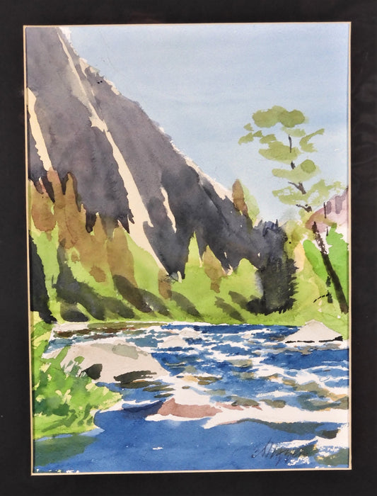 " Mid Day " Original Watercolor Artist: Jon Madsen  Original watercolor painting  Dark blue river with mountain cliff  Matted in black matting  9" long x 12" high original watercolor  14" long x 18" high matted  Ready for a frame  Please note item is an original from the artist     From the artist:  I wanted the bright colors of the mid-day light