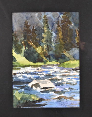 " Platte River Canyon " Original Watercolor Artist: Jon Madsen  Original watercolor painting  River outside of a forest in the Platte River Canyon  Matted in black matting  7" long x 10" high original watercolor  12" long x 15" high matted  Ready for a frame  Please note item is an original from the artist     From the artist:  I was looking at the rich variety of colors of the forest hillside . Laramie Wyoming Artist