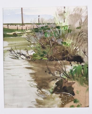 " Rivers Edge " Original Watercolor Artist: Jon Madsen  Original watercolor painting  Brown and green of the rivers edge  Matted in white matting  11" long x 13" high original watercolor  16" long x 18" high matted  Ready for a frame  Please note item is an original from the artist   Laramie, Wyoming Artist  From the artist:  This is a in town study at the Garfield bridge in Laramie on a gray spring day