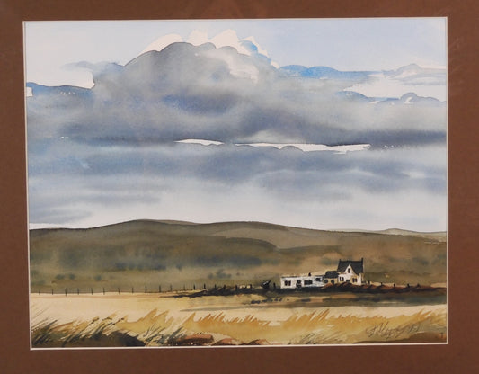 " Open Country " Original Watercolor Artist: Jon Madsen  Laramie, Wyoming Artist  Original watercolor painting  Open landscape with small ranch homestead near Bosler Wyoming  Matted in brown matting  13" long x 10" high original watercolor  20" long x 16" high matted  Ready for a frame  Please note item is an original from the artist     From the artist:  How small a house looks on our vast prairie