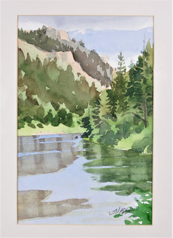 " At The River " Original Watercolor Artist: Jon Madsen  Original watercolor painting  Slow river with reflections and trees near the bank  Matted in white matting  8" long x 12" high original watercolor  13" long x 19" high matted  Ready for a frame  Please note item is an original from the artist     From the artist:  I wanted to get the fact that reflections were only visible in the non-glare part of water