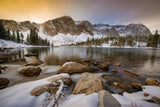 Sunset photograph along the shore of Lake Marie after a fall snow in the Snowy Range Mountains of Wyoming