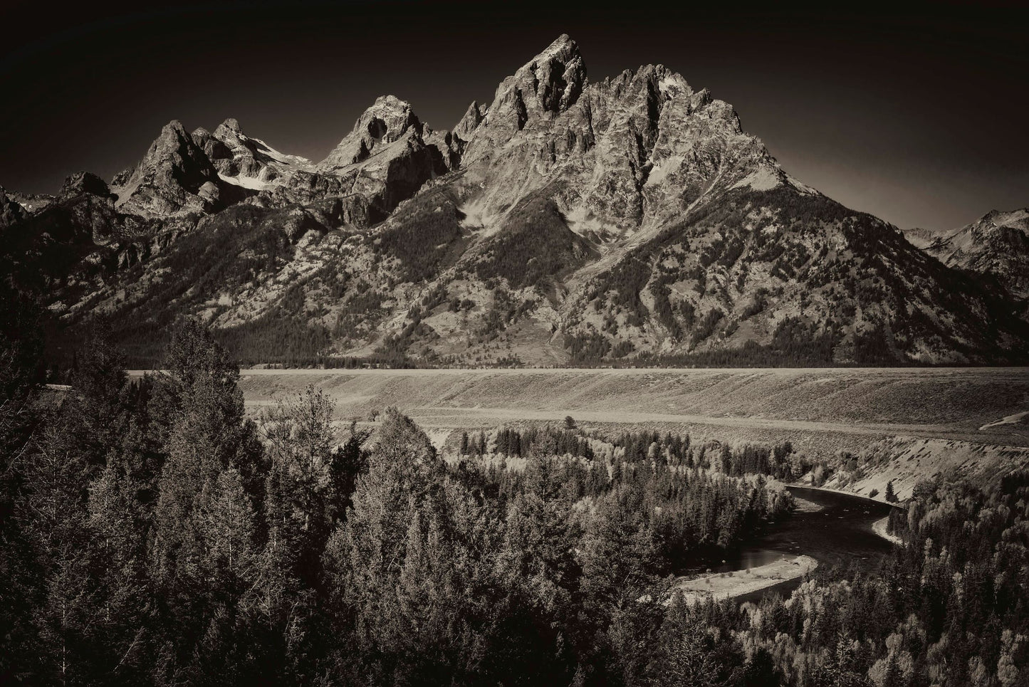 Black and White photo of the infamous Snake River Overlook and Grand Teton in the Grand Teton National Park, Wyoming