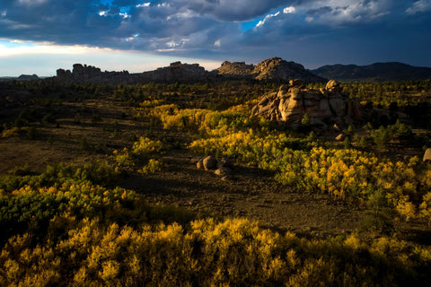" Aerial Autumn Vedauwoo " Photographer: Kyle Spradley  8 " x 10" Lustre Print  Horizontal print  Drone aerial view of the aspens and cottonwoods in fall colors  Vedauwoo State Park  Between Cheyenne and Laramie, Wyoming  The majestic mountains rise steep and rugged over the autumn landscape  Calm reflection of the mountains in the pond  A protective sleeve is provided along with black mat for stability  Ready for a frame of  your choice