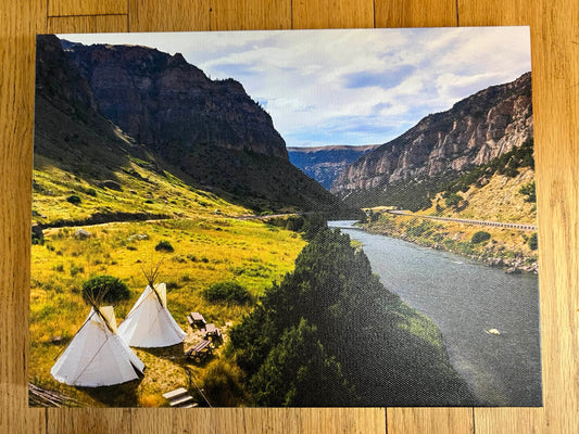 Small Canvas Print  Native American Teepees with picnic table along the banks of the Wind River Canyon on the Wind River Reservation  U.S. Highway 20 is seen on the far side of the river. This scenic byway highway is about a 40 minute drive between the towns of Shoshoni and Thermopolis in Wyoming